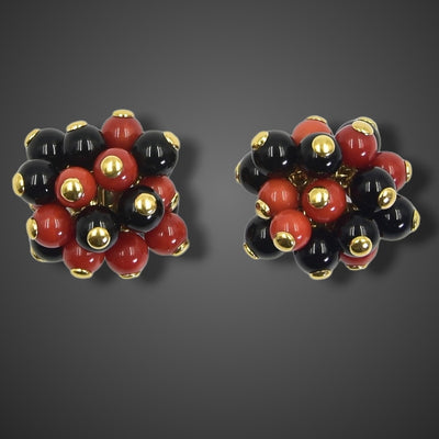 Vintage gold earrings with red coral and onyx - #3