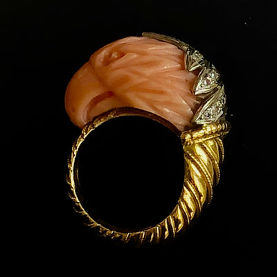 Gold ring with coral bird head - #1